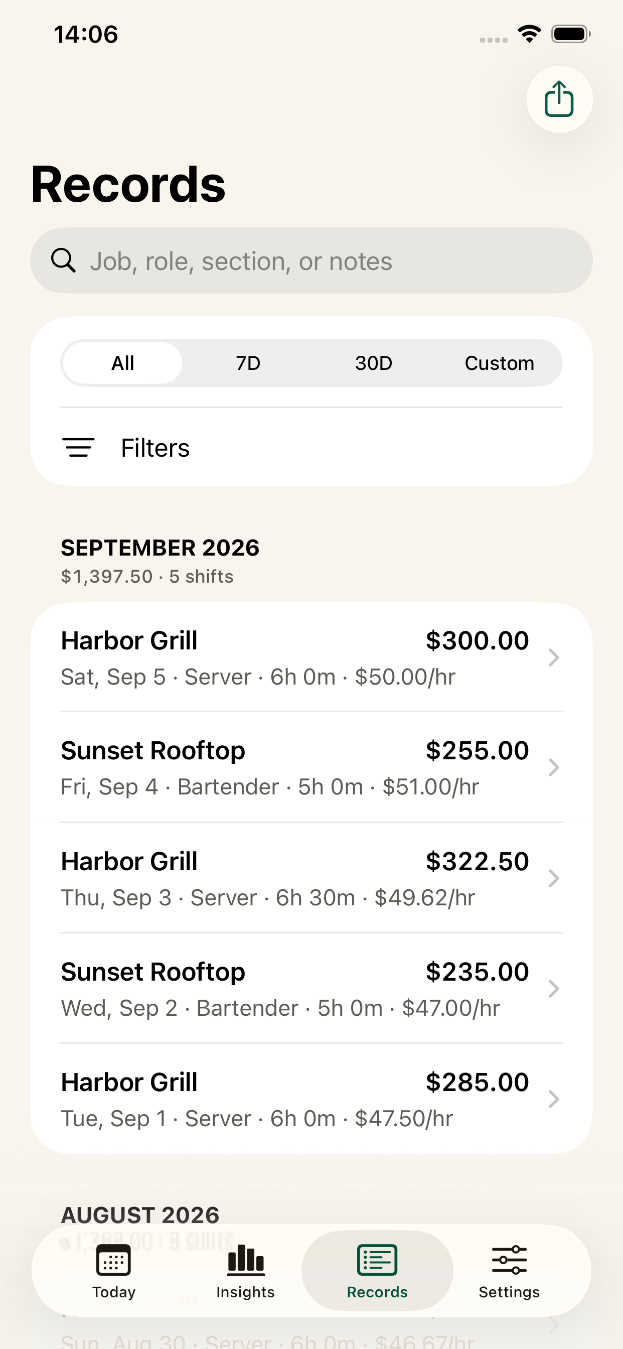 TipHaven searchable shift records
