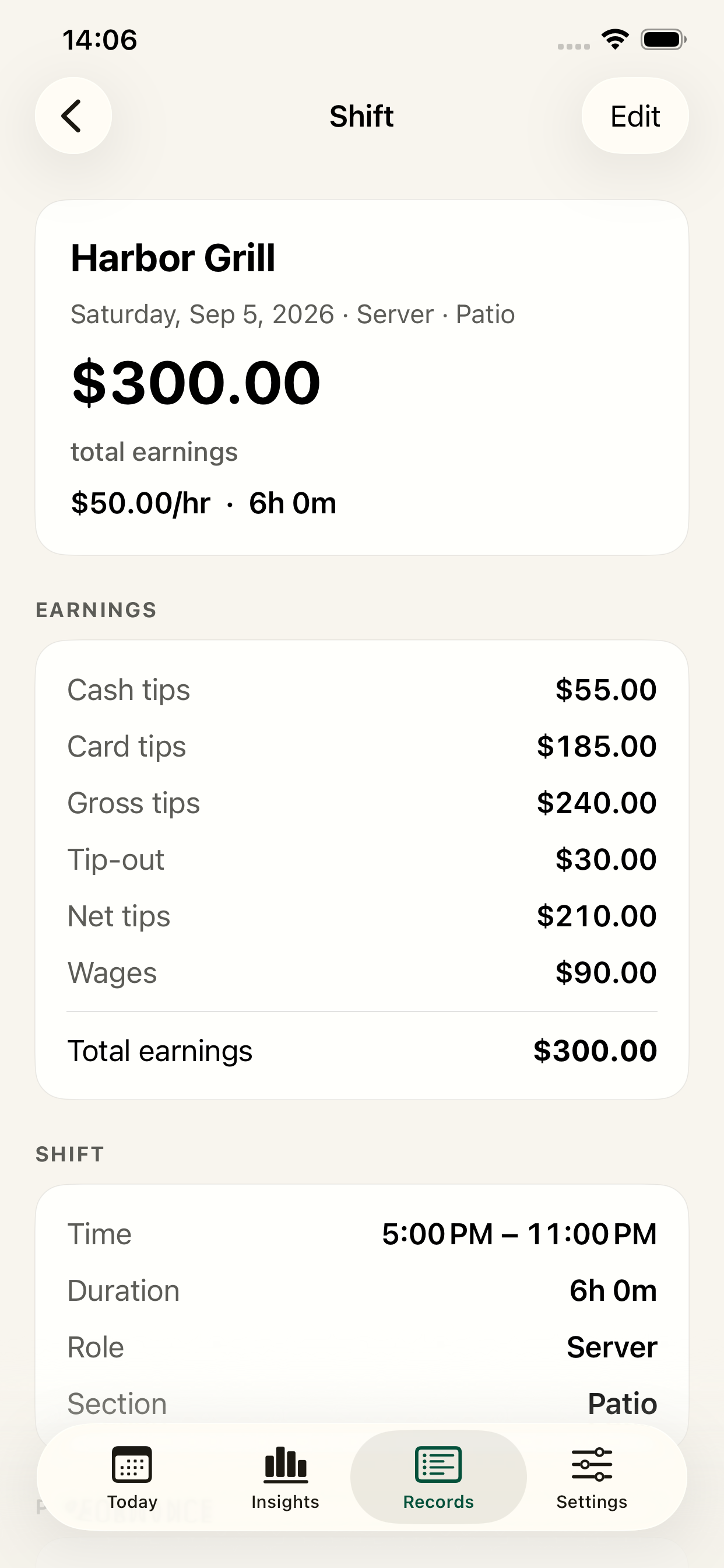 Shift detail showing a complete earnings breakdown